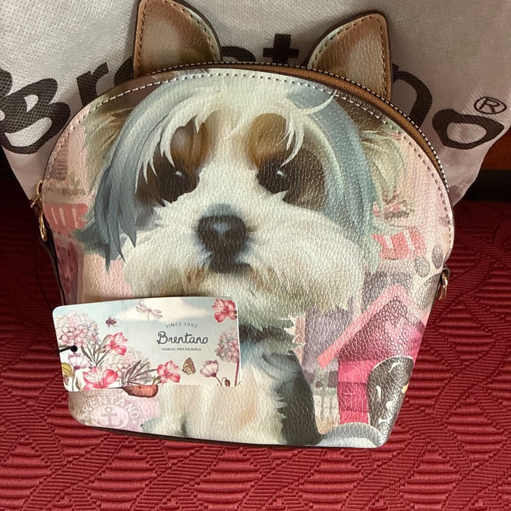Brentano Crossbody Bag Dog Print Pink & White with Adjustable Strap - Picture 6 of 7